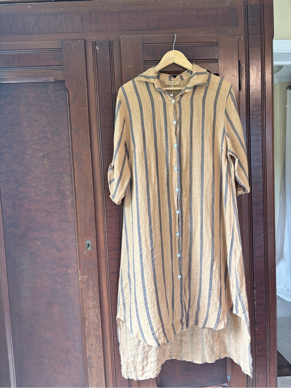 Casual Striped Button-Down Linen Dress in Tan and Navy